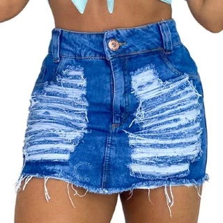 Saia Hot Pants Jeans Luxo Destroyed Feminina Cintura Alta