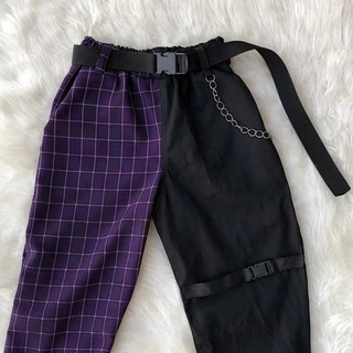 Calça Metade Xadrez Cargo Preta Roxa Bege Cinto Corrente