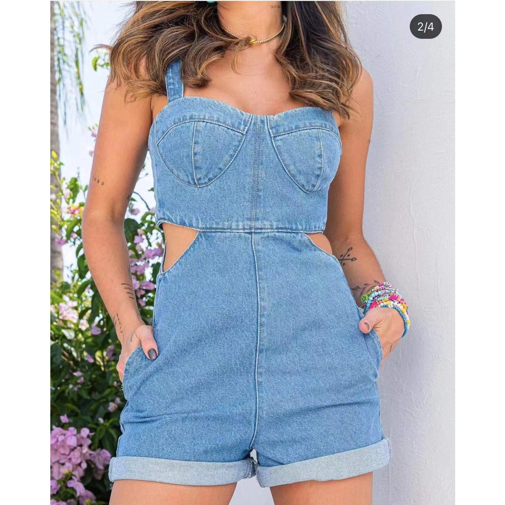 Macacão Curto Macacao Jeans Verao 2019 Macaquinho Jeans Corte De