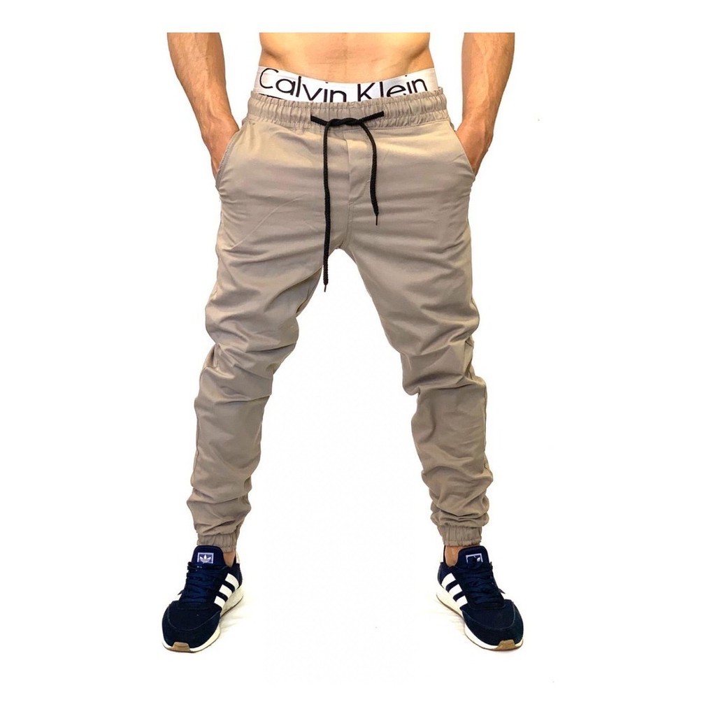 Calça Jogger Masculina de Sarja Slim Fit na Cor Cinza com Elástico no Cós -  GET FASHION