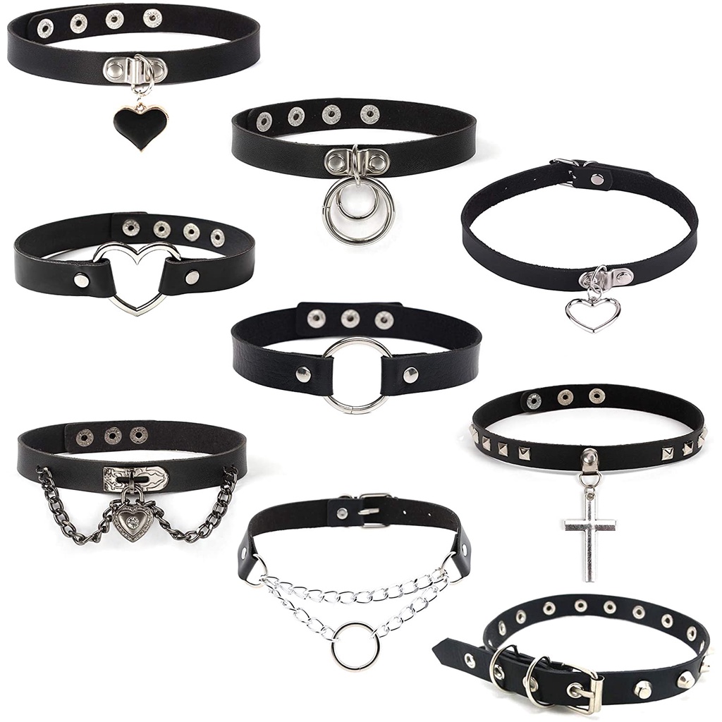Gargantilha Gótica De Couro Com Rebites Punk Para Mulheres/Meninas