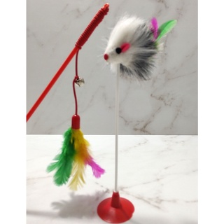 Combo 1 Ratinho Fixador c/ Penas + 1 Varinha Elástica c/ Penas e Guizo - Brinquedos Pet P/ Gatos