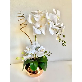 Arranjo Orquídea 3D Silicone realista em Vaso Metalizado Rosé Gold/ Prata metalizado/Vidro com cascalho