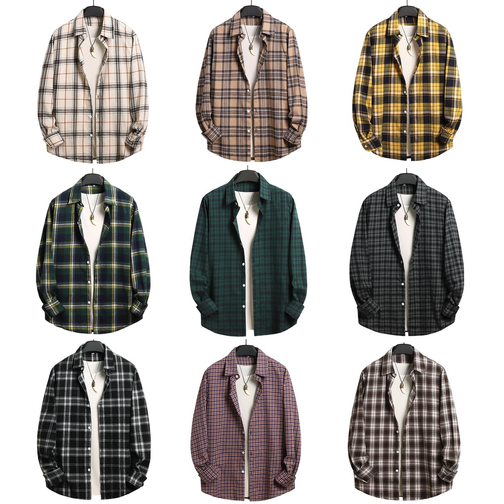 Camisa Xadrez Masculina Preta/Branca/Amarela/Verde/Algodão P-Xxg/Com Mangas Compridas Para Primavera/Outono