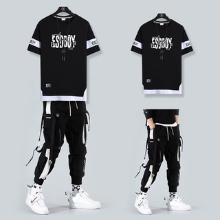 Conjunto Masculino Camiseta Cargo/Hip Hop Folgada Casual Com Mangas Curtas E Estampa De Texto