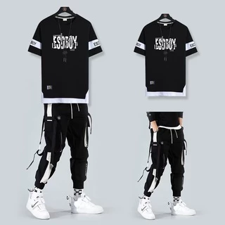 Conjunto Masculino Camiseta Cargo/Hip Hop Folgada Casual Com Mangas Curtas E Estampa De Texto
