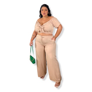 Conjunto Plus size cropped e calça pantalona Premium roupa ano novo natal  calça viscolinho reveillon