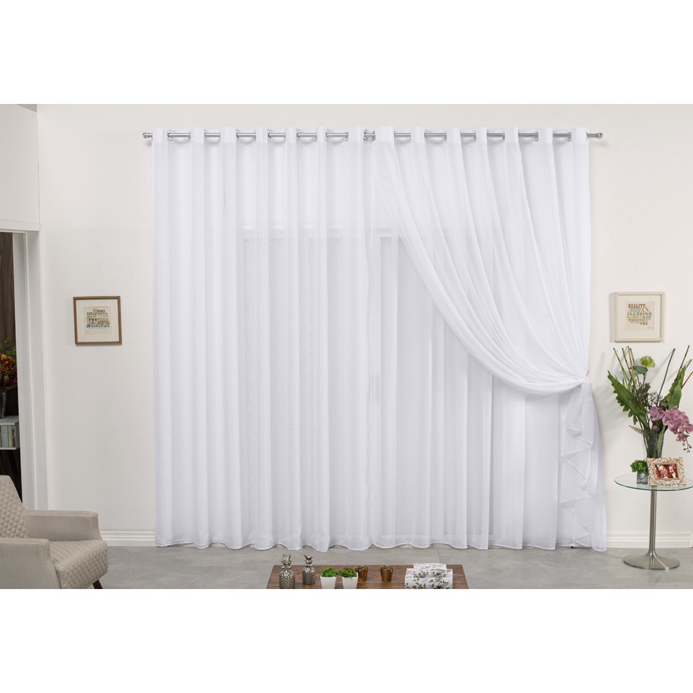 Cortina De Varão Voil Duplo Branco 3,00x2,80 Sala Quarto