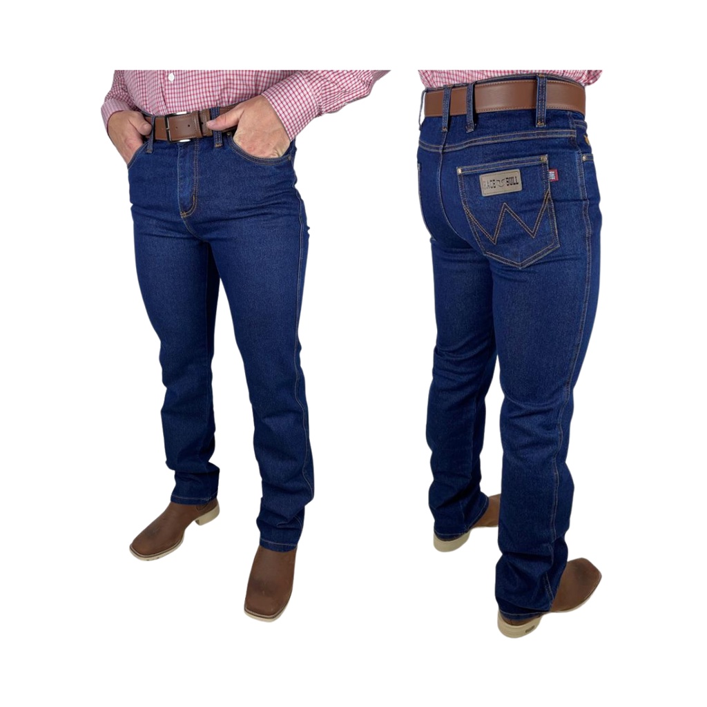 Calça Country Jeans Tradicional Masculina Original Race Bull Azul Escura Reta Reforçada com Elastano | Ref.: 010DV