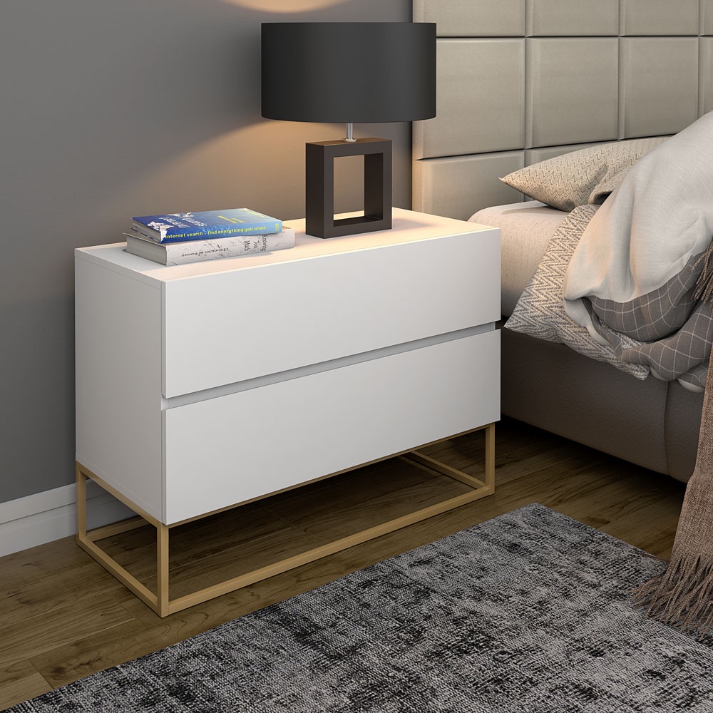 Mesa de cabeceira estilo industrial 2g brancoeros 60cm pés dourado