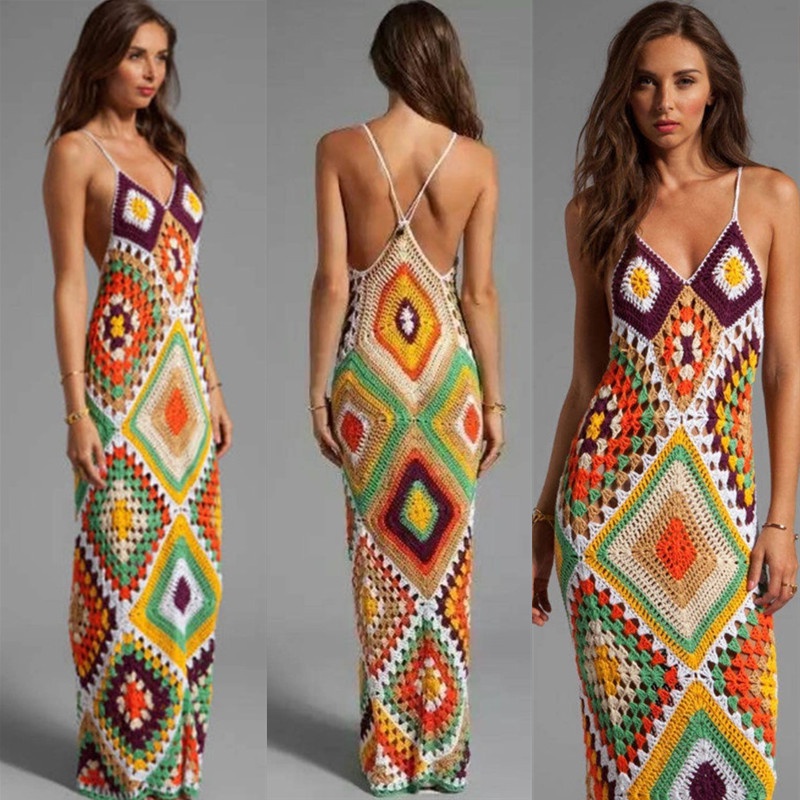 Vestido Longo Feminino Artesanal De Crochê Para Férias/Praia