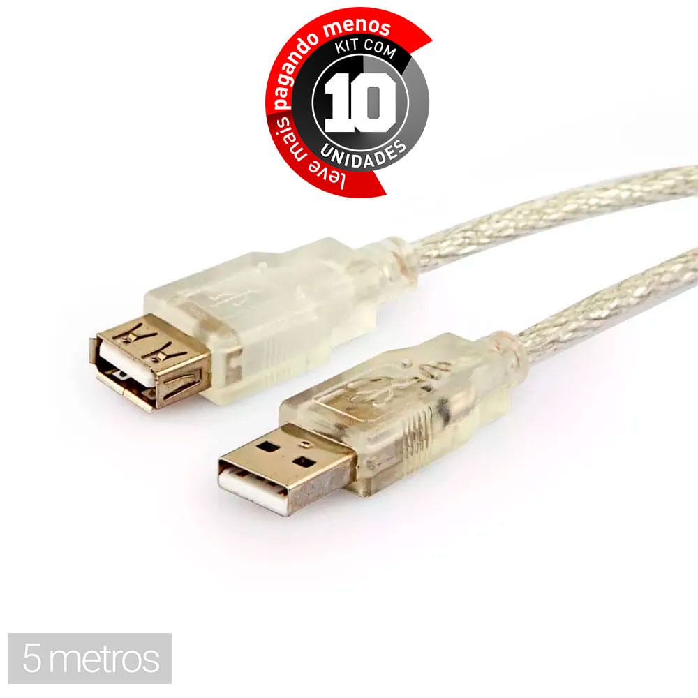 Cabo Extensor Usb Macho Femea - 5 Metros - Kit Com 10 | Shopee Brasil