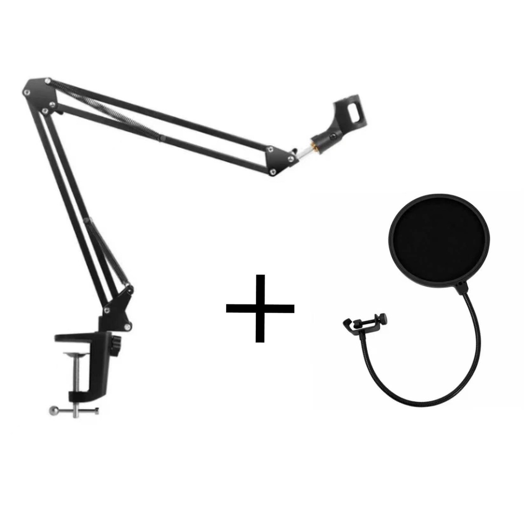 Suporte Pedestal Braço De Mesa Articulado Para Microfone + Pop Filter