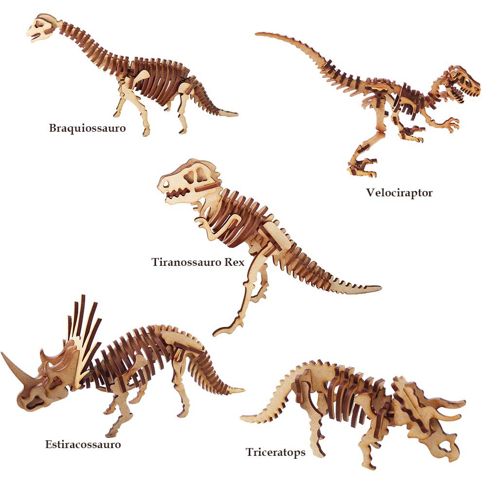 Kit 5 Mini Dinossauro Mdf Quebra Cabeça 3d Coleção Dino lembrancinha festa parque jurassic