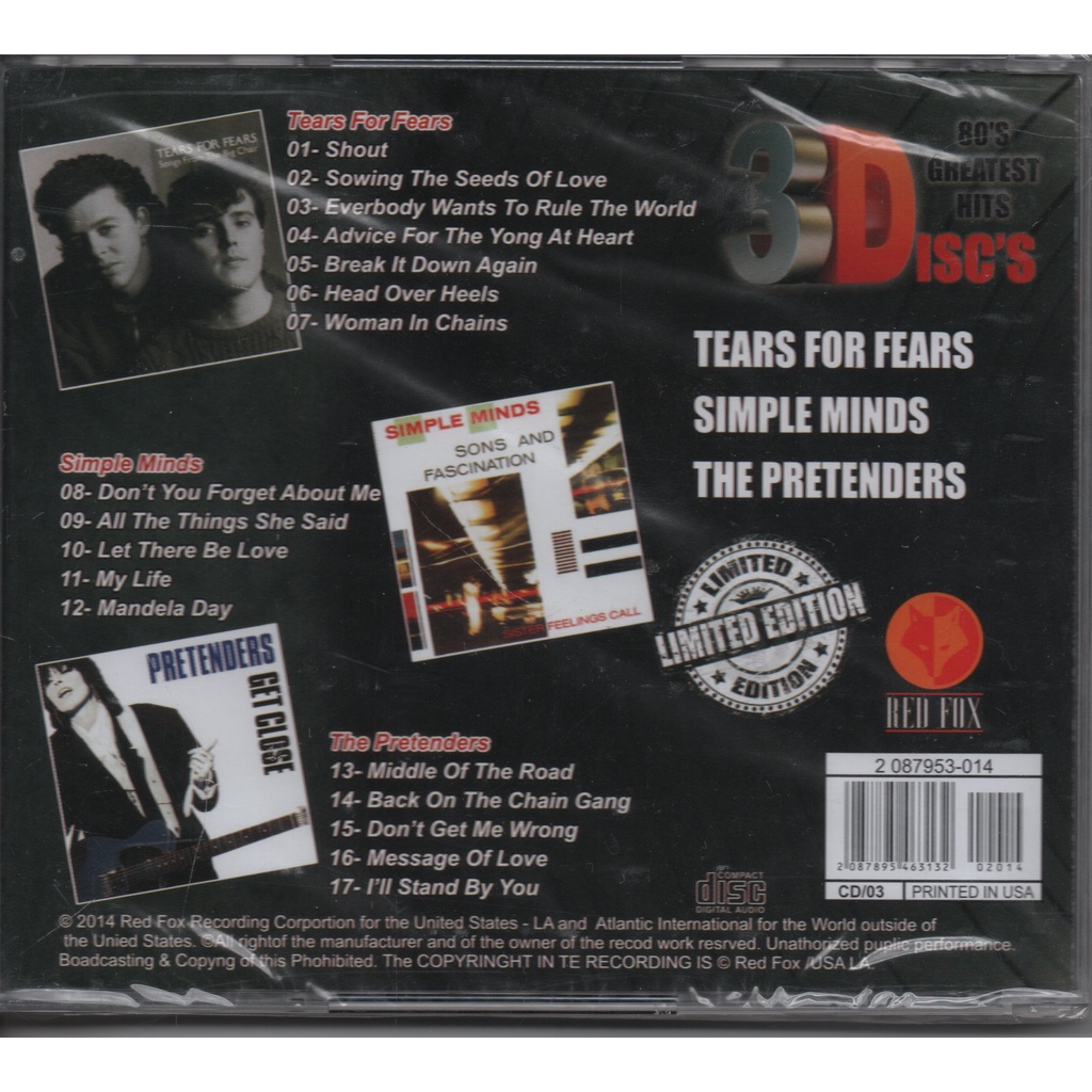 Cd Tears For Fears, The Pretenders E Simple Minds 3disc´s | Shopee