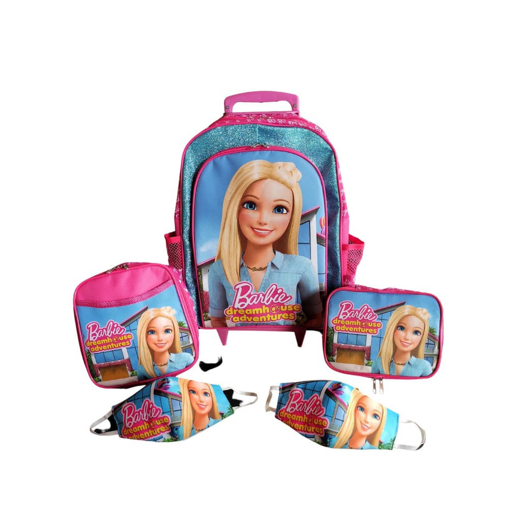 Kit Infantil Escolar Mochila De Rodinhas Barbie Dreamhouse estojo box |  Shopee Brasil