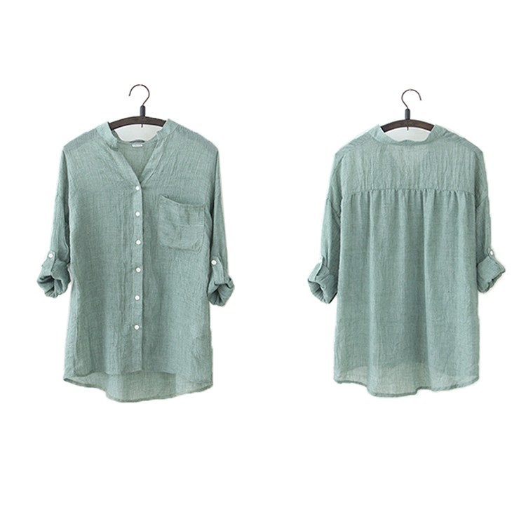 Camisas De Manga Comprida De Linho Feminino Blusas De Algodão Soltas De Pescoço Em V Sólido Casual