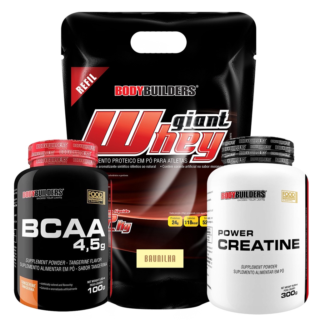 Kit Giant Whey Protein Refil 2kg + BCAA 100g Tang + Creatina 300g – Bodybuilders