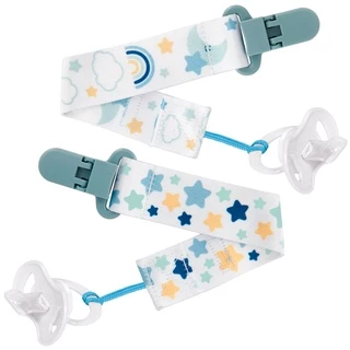 Kit com 2 Prendedores de Chupeta Clipe com Trava Estrelas Azul
