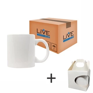 24 Canecas Brancas Porcelana Importada Sublimação 325ml Live + Caixinhas