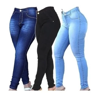 kit com 3 Calças Jeans Feminina Skinny Cós Alto que empina Hot Pants Cintura Alta Com Lycra Strech