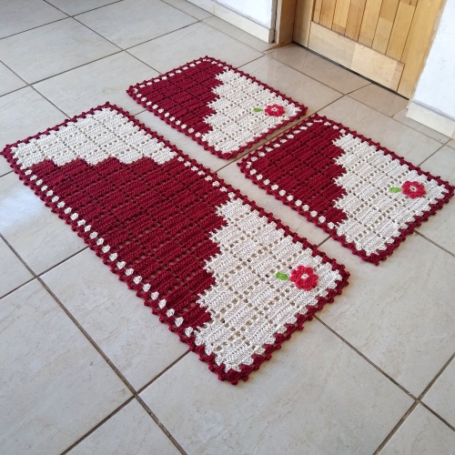 Jogo de tapetes para cozinha em crochê 3 peças Vermelho em