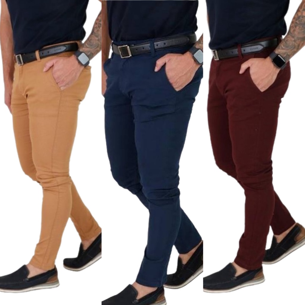 Calça De Sarja Masculina Com Lycra. Bolso Faca e Bolso Embutido Reta Slim Fit - DIVERSAS CORES