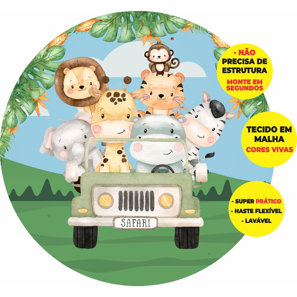 Painel Safari Cute Bichos Leão Elefantinho Baby Redondo Estampado em Tecido  Malha