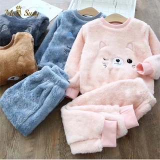 Conjunto De Pijama De Flanela Infantil De Lã De Inverno De Urso De Gato 1-8 Anos