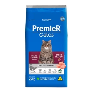 Ração Premier Ambientes Internos para Gatos Adultos com Pelos Longos Sabor Frango - 7,5Kg