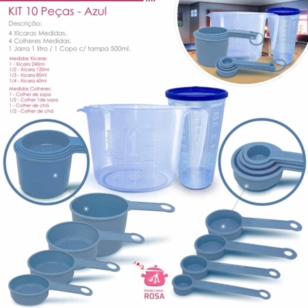 kit ou Conjunto de medidores completos e funcionais na cor azul jarra 1 litro copo com tampa 500 ml xicara e colher