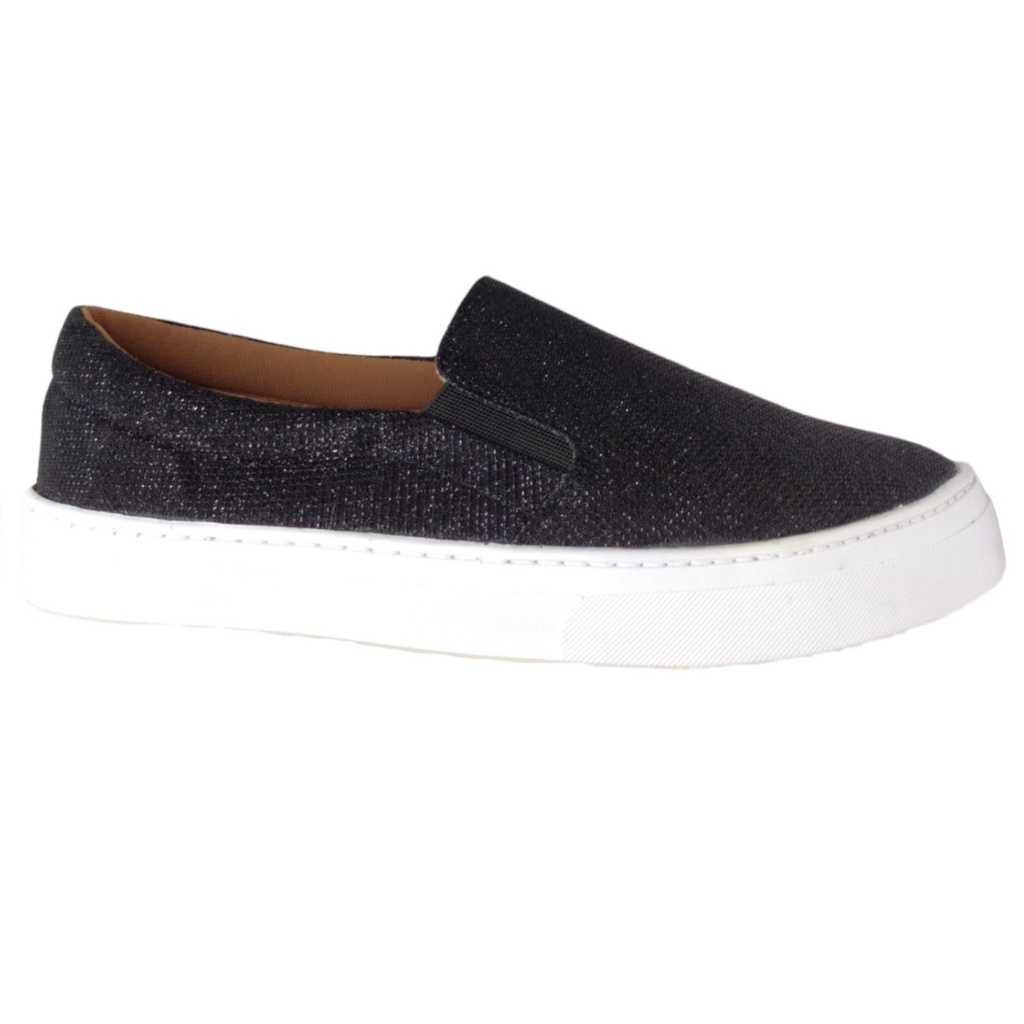 Tenis Feminino Casual Slip On Sapatenis Glitter Preto Brilho Confortavel  Numeração especial Grande 40 ao 44