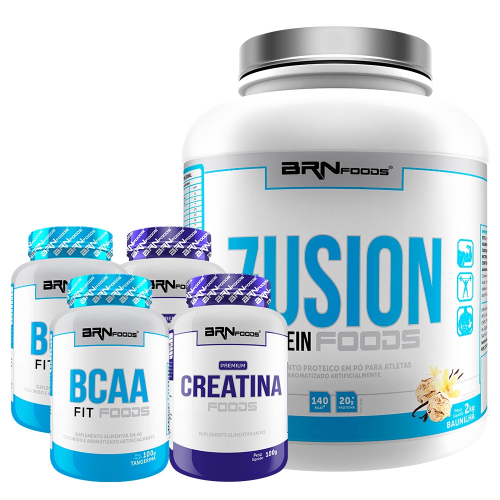 Kit Whey Protein Fusion Protein 2kg + 2x BCAA 100g + 2x Premium Creatina 100g – BRNFOODS