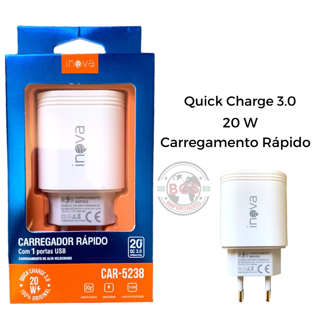 Carregador Fonte Inova Turbo Rápido Quick Charge 3.0 20W