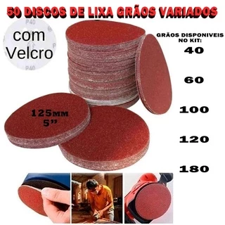 50 Discos De Lixa 125mm Sem Furo Tipo Velcro Grãos Variados
