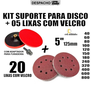 Kit Base Suporte Disco 125mm + 20 Lixas Com Velcro 5" Furadeira Esmerilhadeira