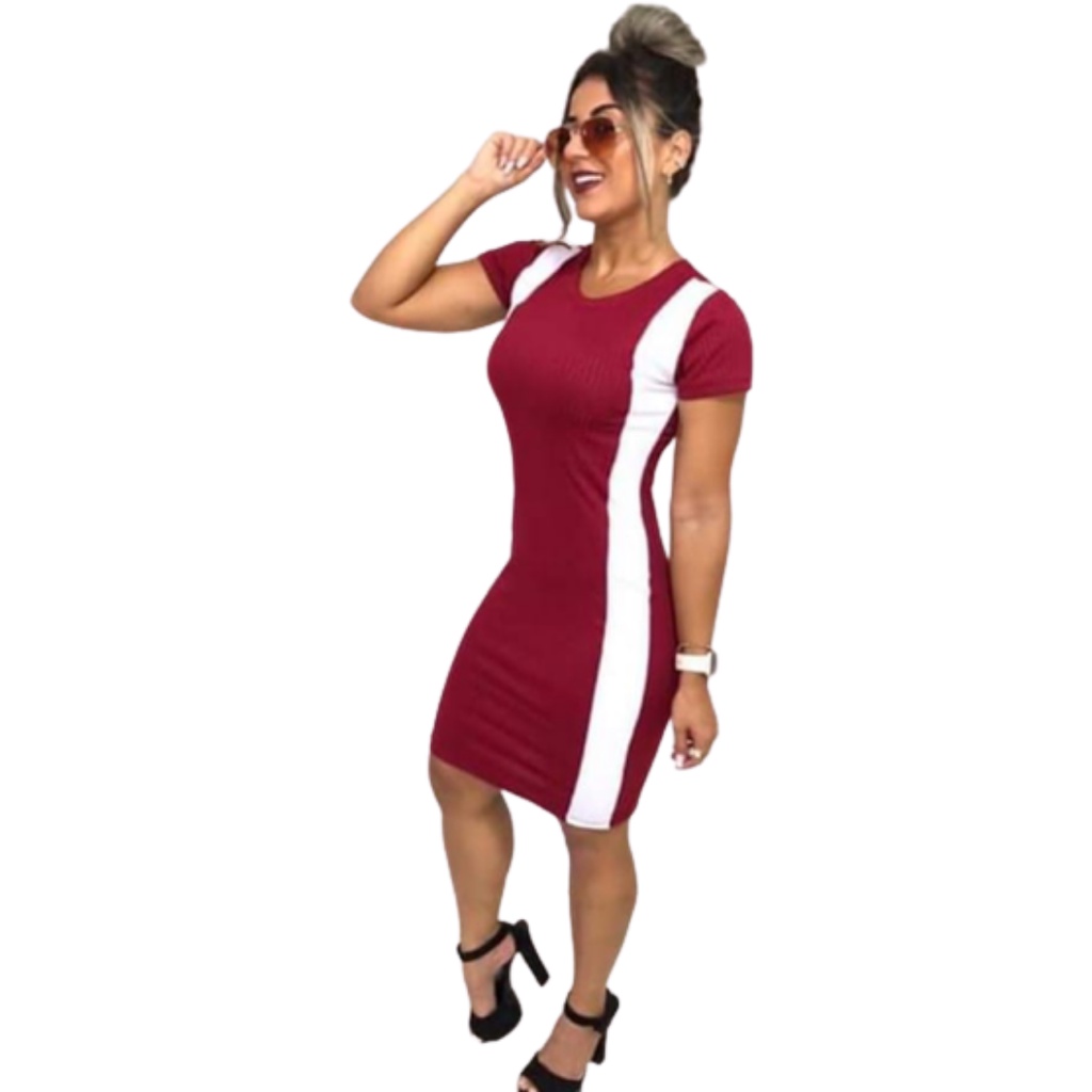 Vestido Midi Paola Tubinho Canelado Listra Lateral Manga Curta