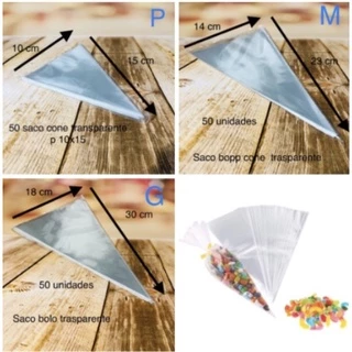 50~300 Saco CONE Plástico bopp transparente (P 10x15)(M 14x23) ou (G 18x30)//