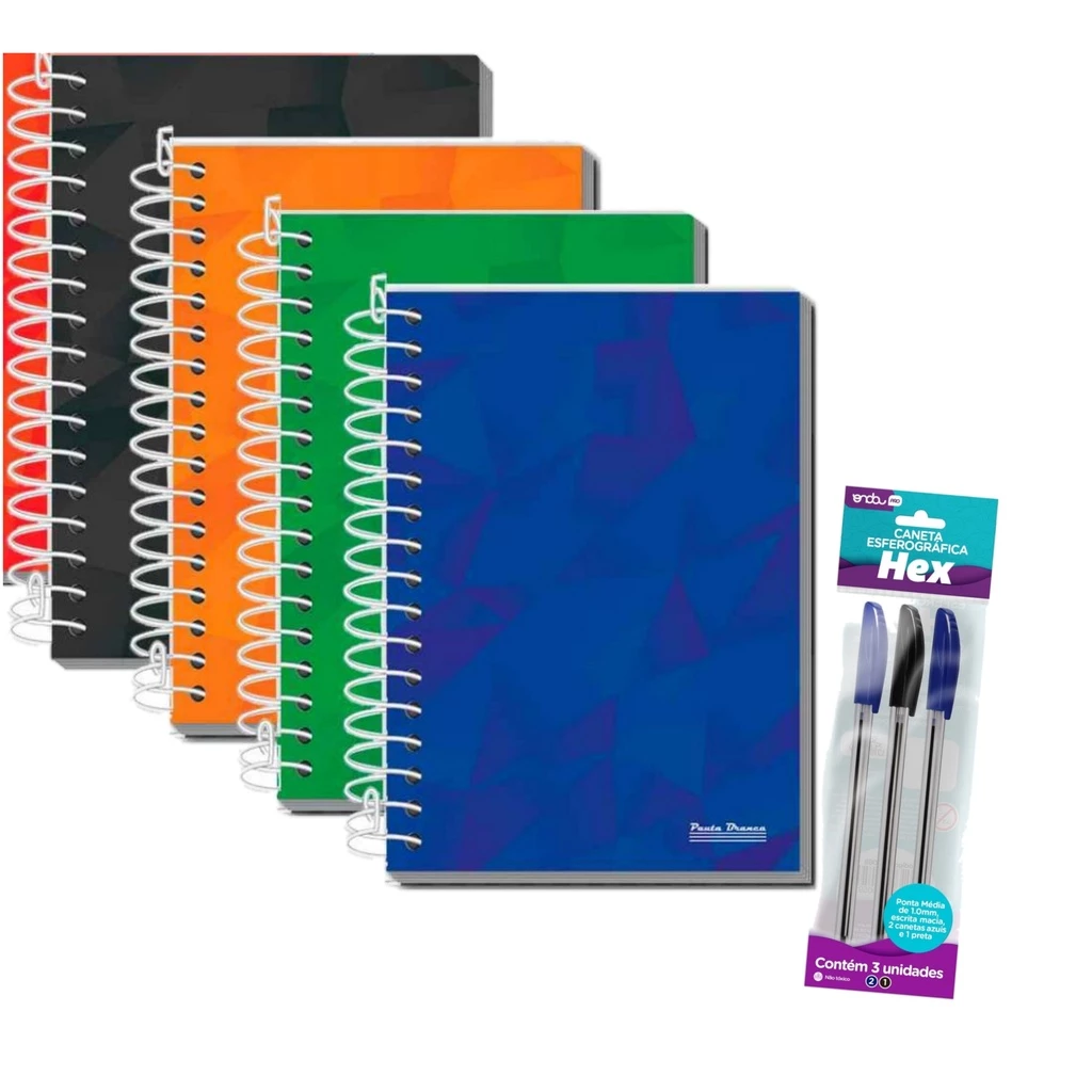 Kit 4 Cadernetas De Anotações + 3 Canetas Esferográficas