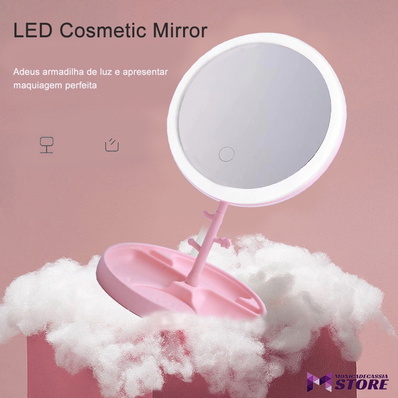 Espelho Redondo para Maquiagem com Led - Rosa