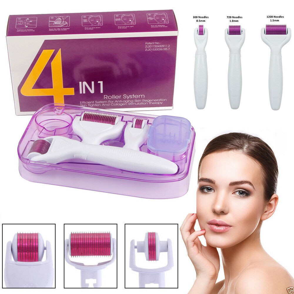 4 Em 1 Derma Roller Set Micro Agulhas De Titanium De 0,5 Mm, 1,0 Milímetros E 1,5 Milímetros Com Estojo De Perucas