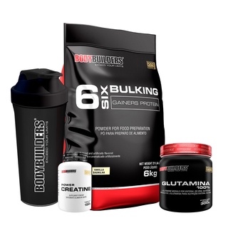 Kit Hipercalórico 6 Six Bulking Gainers Protein 6kg + Power Creatina 100g + Glutamina 100% 300g + Coqueteleira - Aumento de Massa Muscular e Desempenho Físico - Bodybuilders