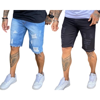 Kit 2 Bermudas Jeans Rasgada Destroyed Masculina Sem Lycra