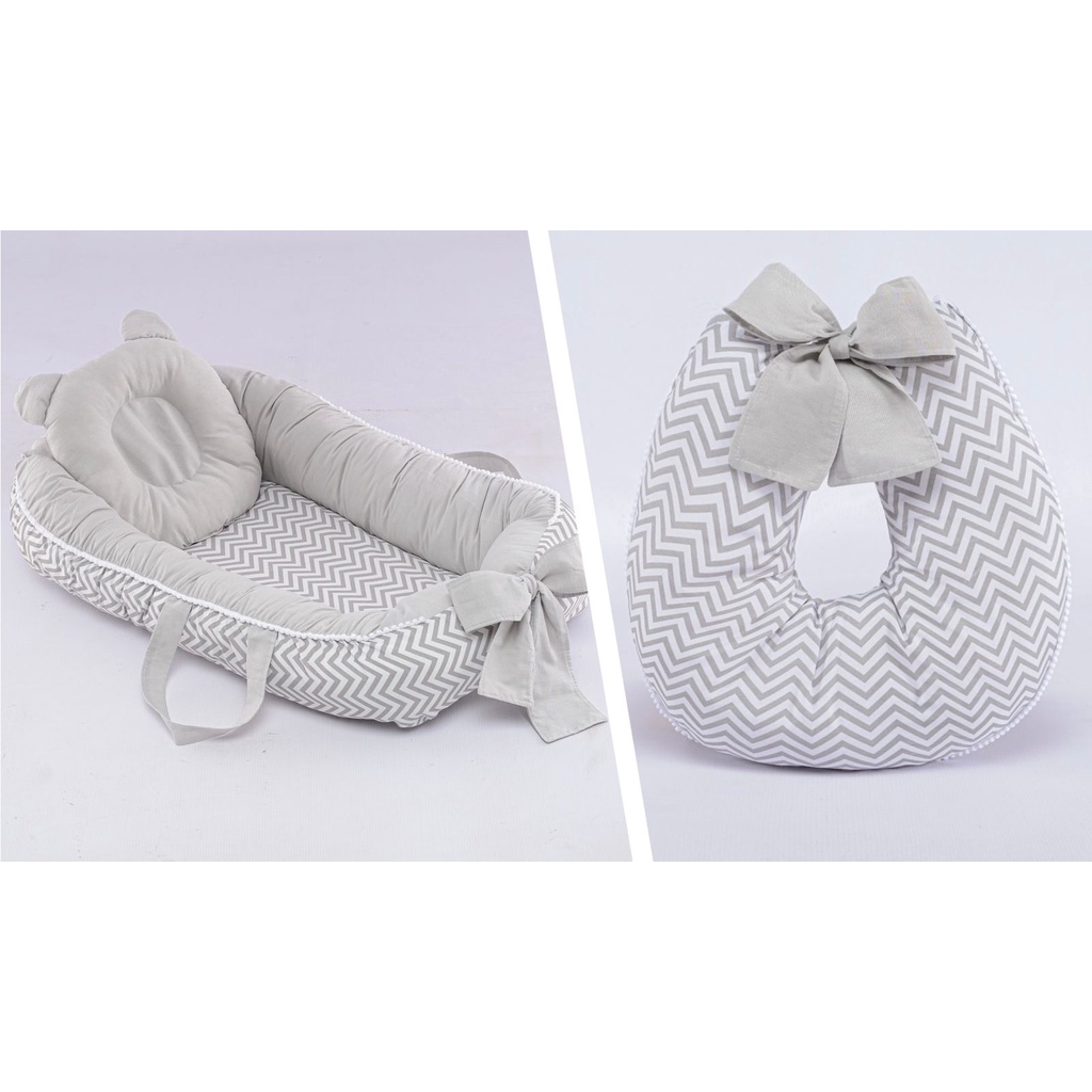 Kit Ninho Redutor Berço + Almofada Amamentação Laço Chevron Cinza