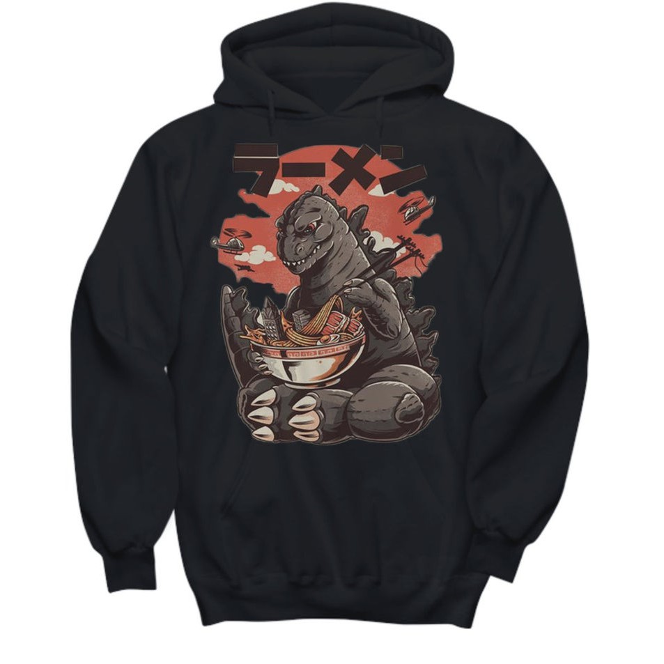 Blusa Moletom Canguru Com Capuz Unissex Godzilla Personagem Monstro Filme Comendo Food Japones Ramen