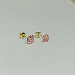 Brinco de Pedra Zircônia 4mm Coração Rosa em Ouro 18k (COLEÇÃO COLORIDOS)