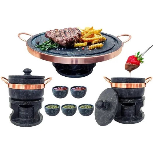 Kit Fondue 23 Cm+ 2 Fondue De Pedra Sabão 500 Ml+ 5 Ramekin