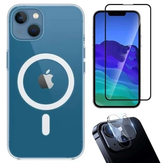 Kit 3em1 Para iPhone 14 Plus / Capa Com MagSafe + Pelicula de Vidro 3D + Pelicula de Camera