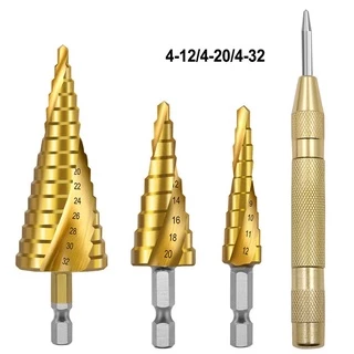 Broca Conjunto De Brocas Hexagonal Degrau Espiral Groove Titânio Revestido Com HSS Cortador De Furo De Cone Universal Abridor De Metal Kit De Ferramentas De Ranhuras Abertura Métrico 4mm-32mm