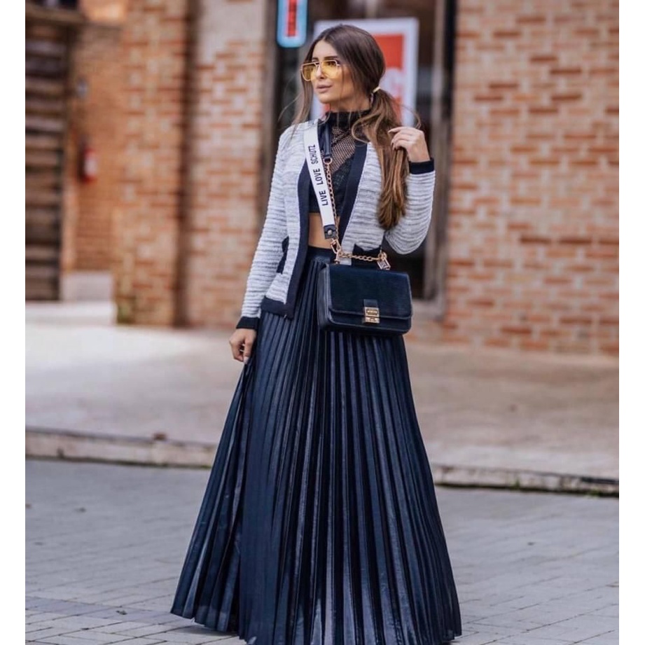 Saia Plissada Preta De Couro Saia Plissada Outlet Preta Midi Couro